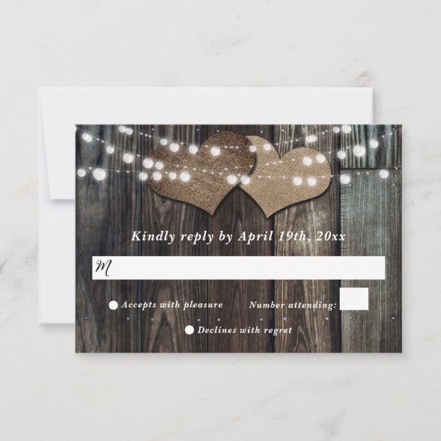 Country Wood String Lights Wedding RSVP Card (Front)
