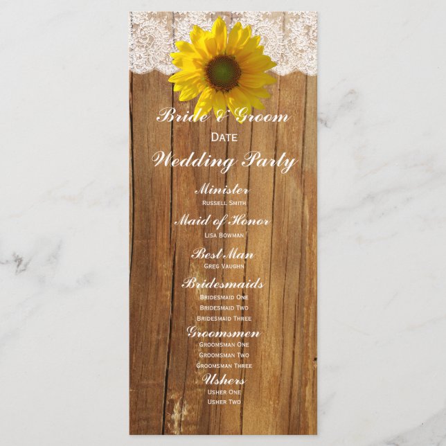 Country Wood Sunflower Lace Wedding Program Programme (Front)