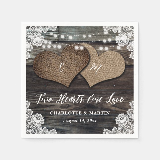 Country Wood Two Hearts Floral Lace Wedding Napkin (Front)