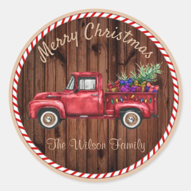 Country Wood Watercolor Christmas Pickup Truck Classic Round Sticker (Front)