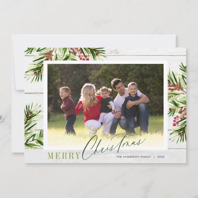 Country Wood Watercolor Pine Photo Merry Christmas Holiday Card (Front)