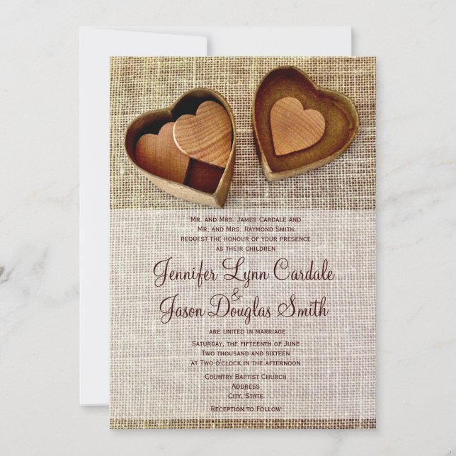 Country Wooden Hearts Burlap Wedding Invitations (Front)
