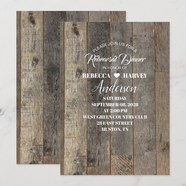 country woodgrain barn wedding rehearsal dinner invitation (Front/Back)