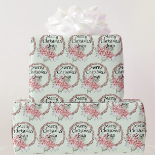 Country Wreath Christmas Poinsettia Add Name Wrapping Paper