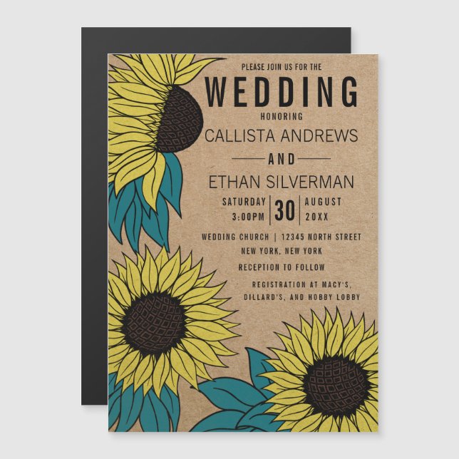 Country Yellow Teal Green Sunflowers Kraft Wedding Magnetic Invitation (Front/Back)