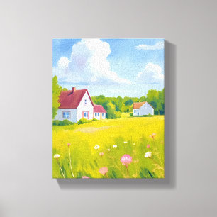 Countryside Abode Lush Green Fields Watercolor Canvas Print