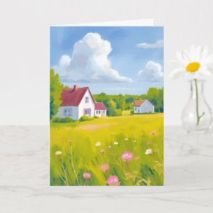 Countryside Abode Lush Green Fields Watercolor Card