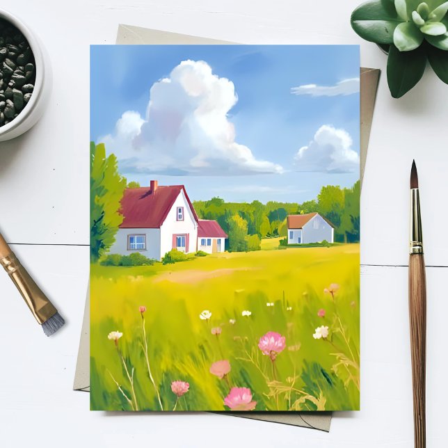 Countryside Abode Lush Green Fields Watercolor Postcard (Creator Uploaded)