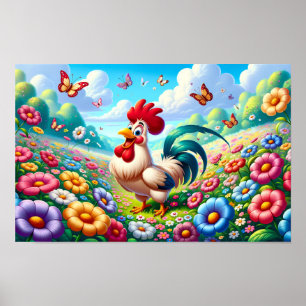 Countryside Charm: Rooster's Floral Haven Nursery Poster