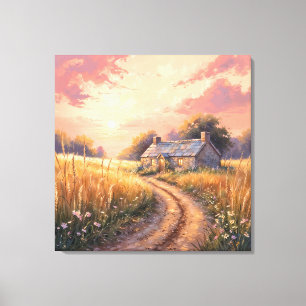 Countryside Cottage - Painterly Style Landscape Canvas Print