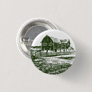 Countryside landscape woodcut style farm house 3 cm round badge
