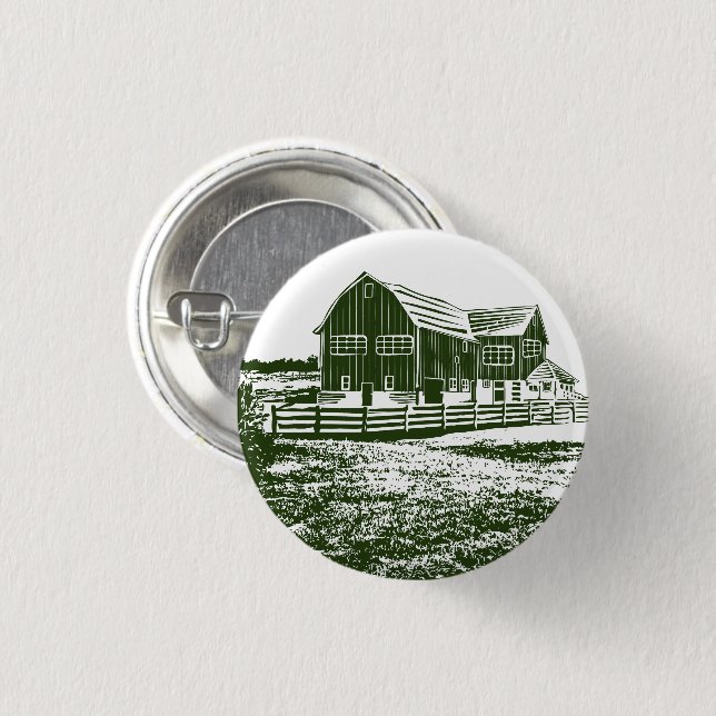 Countryside landscape woodcut style farm house 3 cm round badge (Front & Back)