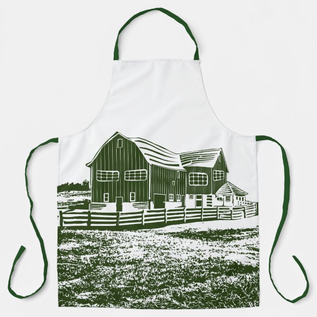 Countryside landscape woodcut style farm house apron (Front)
