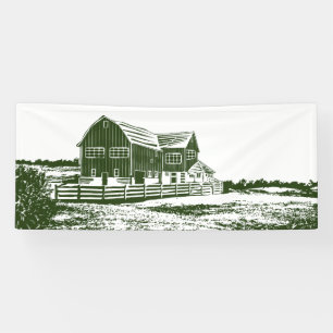 Countryside landscape woodcut style farm house banner