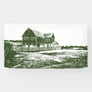 Countryside landscape woodcut style farm house banner