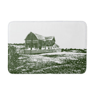 Countryside landscape woodcut style farm house bath mat