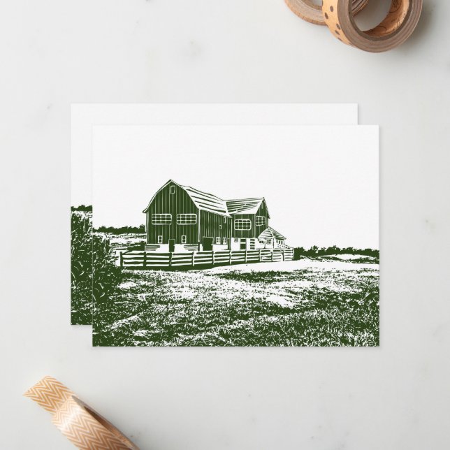 Countryside landscape woodcut style farm house card (Front/Back In Situ)