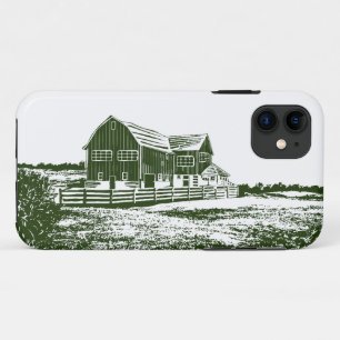 Countryside landscape woodcut style farm house iPhone 11 case