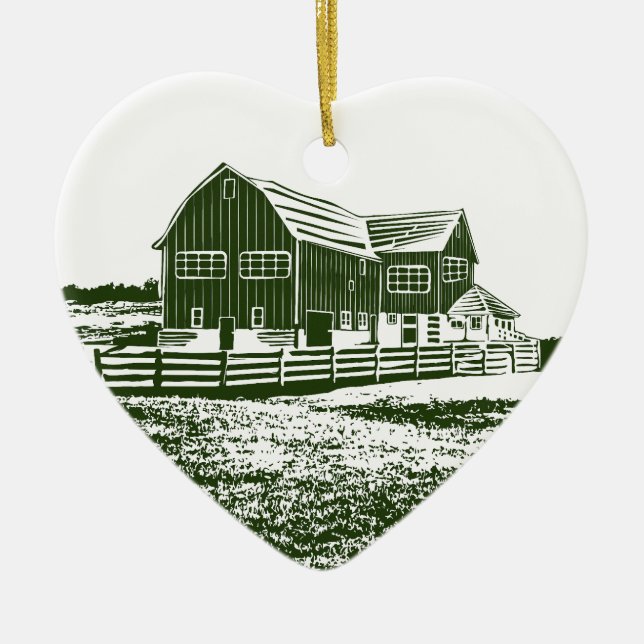 Countryside landscape woodcut style farm house ceramic tree decoration (Front)