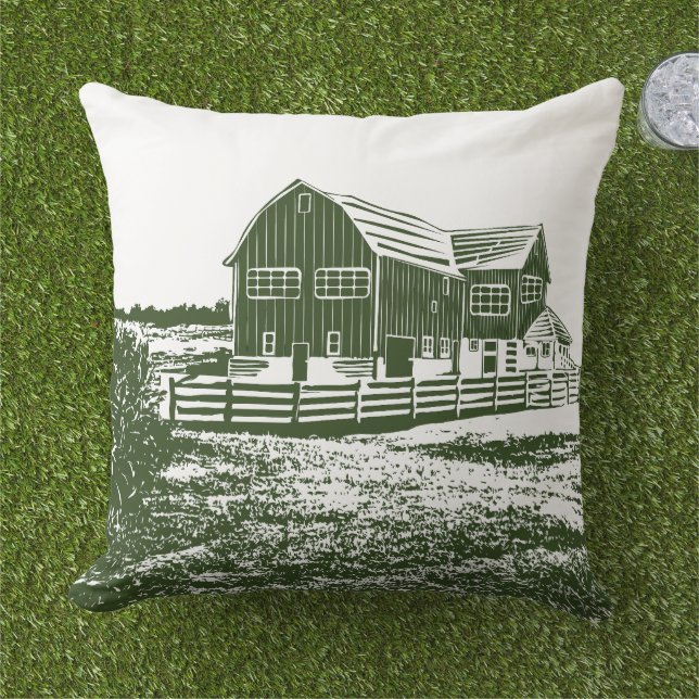 Countryside landscape woodcut style farm house cushion (Grass)