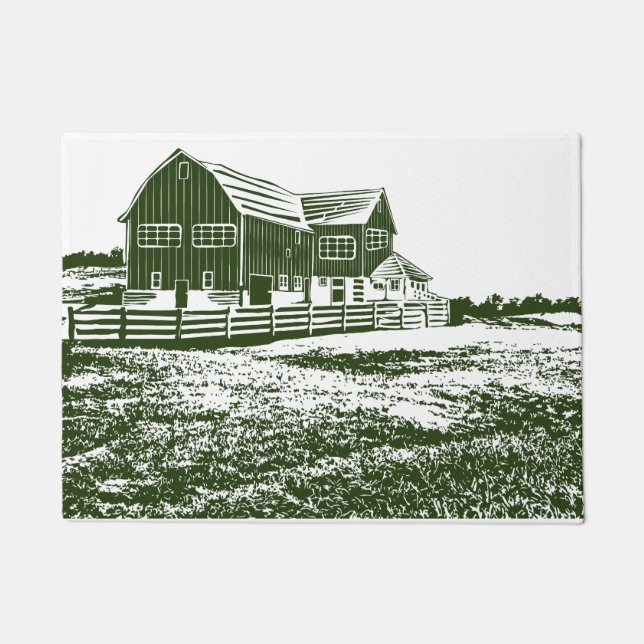 Countryside landscape woodcut style farm house doormat (Front)