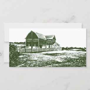 Countryside landscape woodcut style farm house holiday card