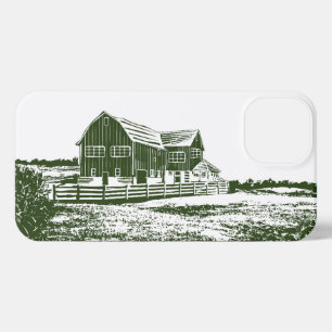 Countryside landscape woodcut style farm house iPhone 13 case