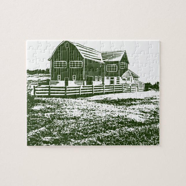 Countryside landscape woodcut style farm house jigsaw puzzle (Horizontal)