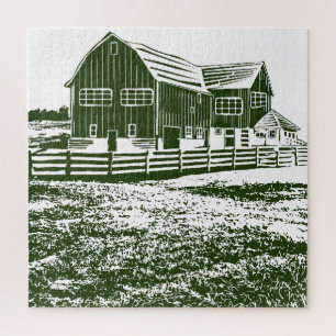 Countryside landscape woodcut style farm house jigsaw puzzle