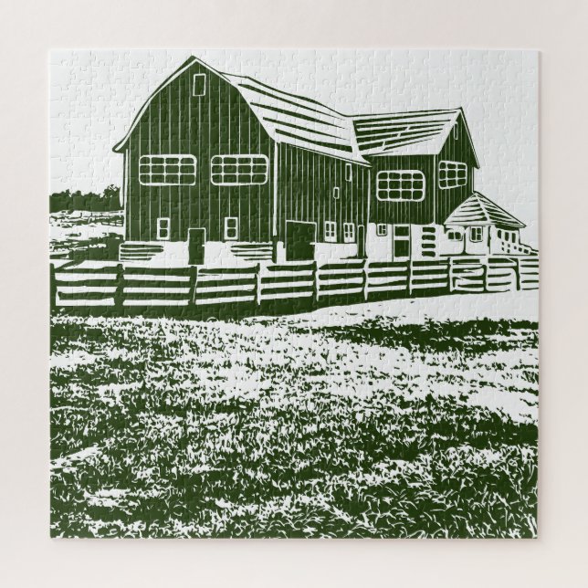 Countryside landscape woodcut style farm house jigsaw puzzle (Vertical)