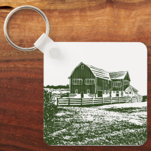 Countryside landscape woodcut style farm house key ring