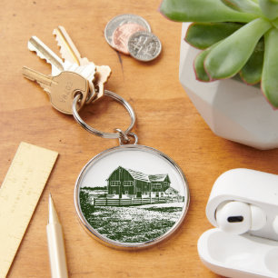 Countryside landscape woodcut style farm house key ring