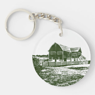 Countryside landscape woodcut style farm house key ring
