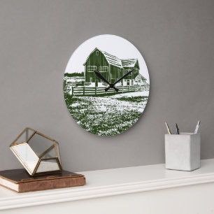 Countryside landscape woodcut style farm house large clock