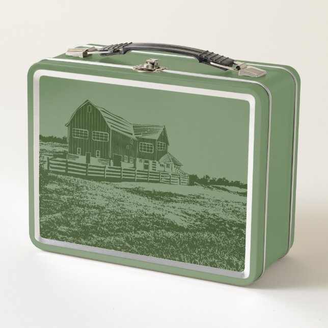 Countryside landscape woodcut style farm house metal lunch box (Front)
