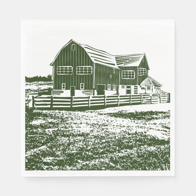 Countryside landscape woodcut style farm house napkin (Front)