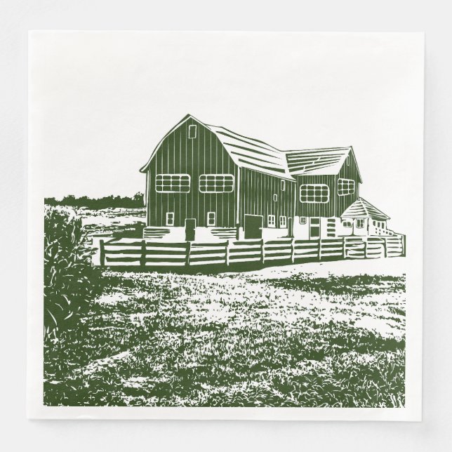 Countryside landscape woodcut style farm house napkin (Front)