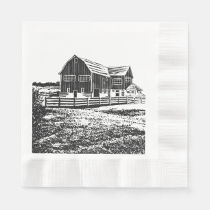 Countryside landscape woodcut style farm house napkin