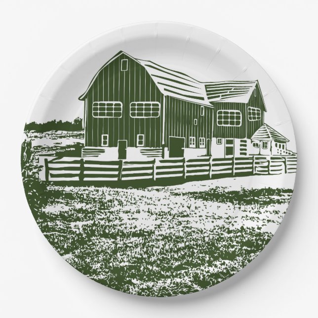 Countryside landscape woodcut style farm house paper plate (Front)