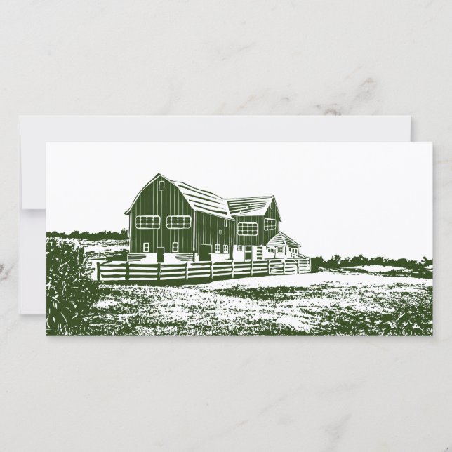 Countryside landscape woodcut style farm house save the date (Front)