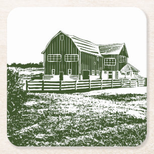 Countryside landscape woodcut style farm house square paper coaster