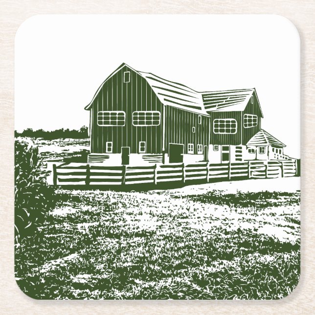 Countryside landscape woodcut style farm house square paper coaster (Front)