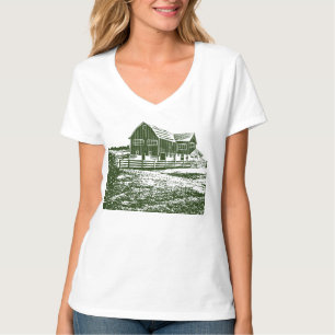 Countryside landscape woodcut style farm house T-Shirt