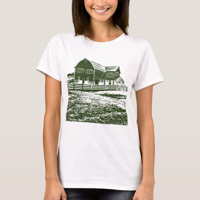 Countryside landscape woodcut style farm house T-Shirt (Front)