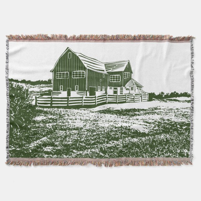 Countryside landscape woodcut style farm house throw blanket (Front)