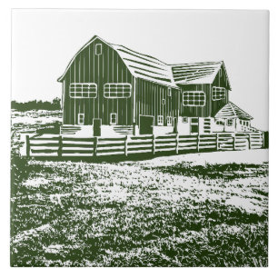Countryside landscape woodcut style farm house tile