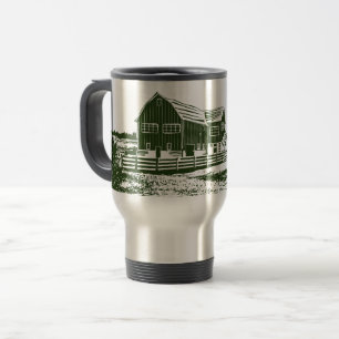 Countryside landscape woodcut style farm house travel mug