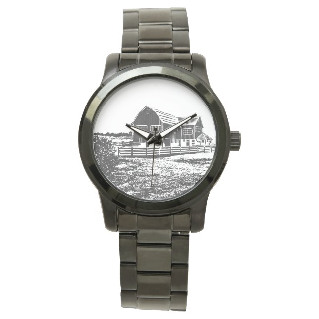 Countryside landscape woodcut style farm house watch (Front)