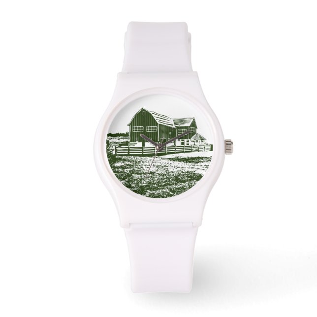 Countryside landscape woodcut style farm house watch (Front)