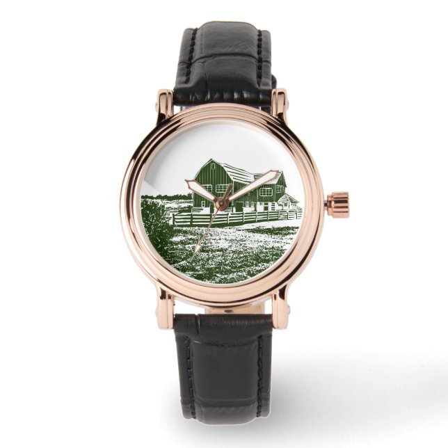 Countryside landscape woodcut style farm house watch (Front)